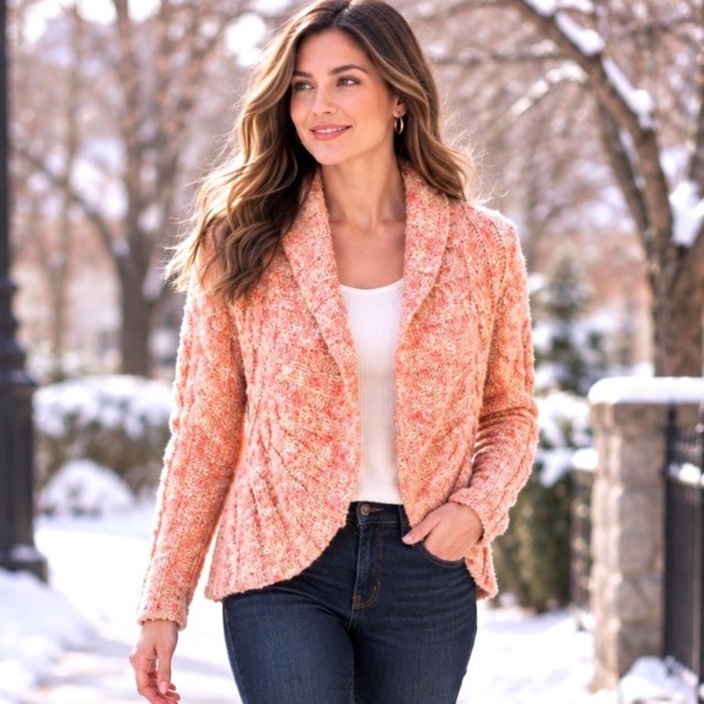 Free People Coral Peach Marled Cable Knit Shawl Collar Open Cardigan Sweater S/p